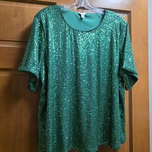 Cato Sparkling Emerald Sequin Short Sleeve Top
